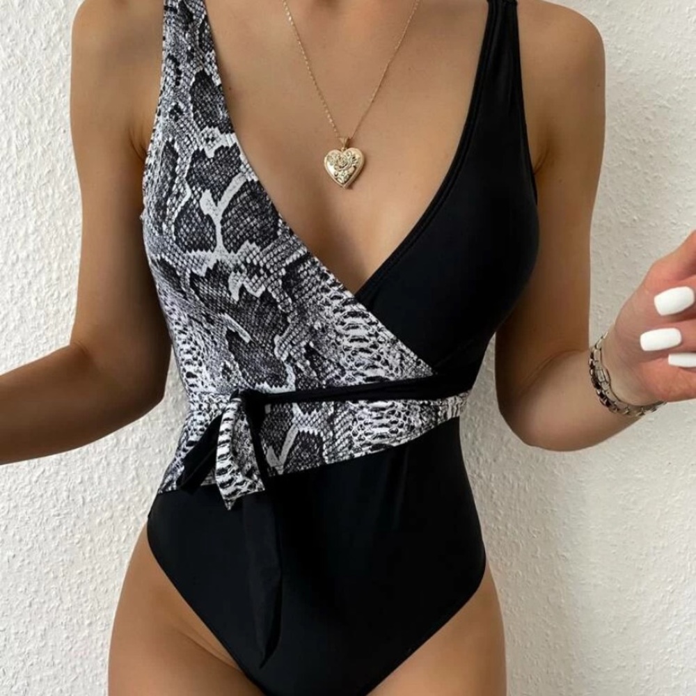 black and snakeskin wrap bathing suit